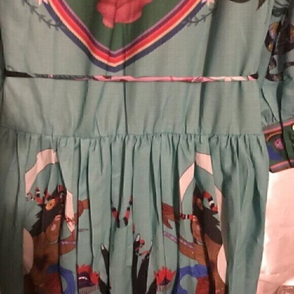 Green Colorful Art Long Balloon Sleeve Collar Button Down Midi Shirt Dress XL - Picture 9 of 16